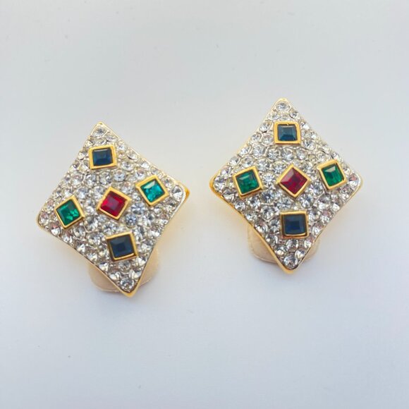 Vintage Oscar de la Renta Signed Gold Tone Rhinestone Clip Earrings - UNWORN - Picture 2 of 12